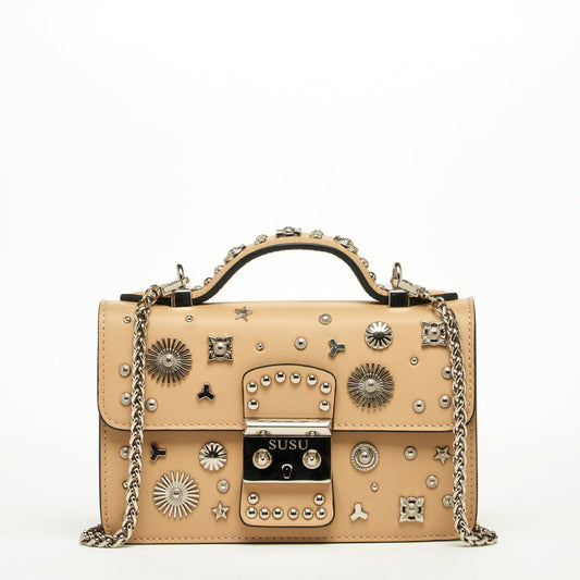 SUSU Small Leather Crossbody Bag Studded Dark Beige Tan Purse  Women's